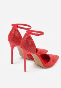 Born2be - Czerwone Szpilki z Paskiem wokół Kostki i Cyrkoniowym Zdobieniem Anwedela. Okazja: do pracy, na spotkanie biznesowe. Zapięcie: pasek. Kolor: czerwony. Materiał: satyna. Wzór: aplikacja. Obcas: na szpilce. Styl: klasyczny, biznesowy #6