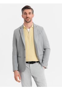 Ombre Clothing - Marynarka męska elegancka z dekoracyjnymi guzikami na mankietach - szara V2. Kolor: szary. Materiał: poliester. Styl: elegancki