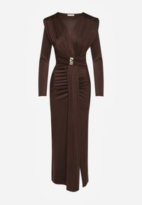 Renee - Brązowa Koktajlowa Sukienka z Rozcięciem na Nogę Zdobiona Trenem Atirga. Okazja: na studniówkę, na imprezę. Typ kołnierza: dekolt w serek. Kolor: brązowy. Wzór: aplikacja. Styl: wizytowy #6