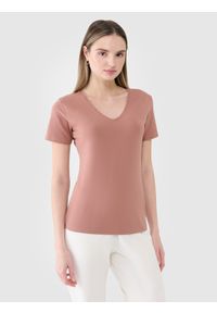 4f - 4F T-shirt slim gładki damski - brązowy L. Okazja: na co dzień. Typ kołnierza: dekolt w serek. Kolor: brązowy. Materiał: skóra, jersey, elastan, dzianina, bawełna, materiał. Długość rękawa: krótki rękaw. Długość: krótkie. Wzór: gładki. Styl: sportowy, klasyczny, casual