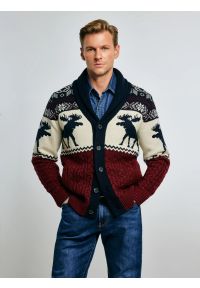 Big-Star - Kardigan męski ze wzorem skandynawskim bordowo-granatowy Lorenzo 000. Okazja: na spacer. Kolor: wielokolorowy. Materiał: dzianina, jeans. Wzór: gładki, ze splotem. Styl: klasyczny, sportowy #7