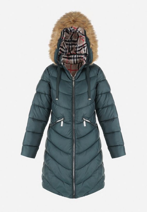 Born2be - Ciemnozielona Kurtka Dwustronna z Kapturem Fiya. Okazja: na co dzień. Typ kołnierza: kaptur. Kolor: zielony. Materiał: futro, jeans. Wzór: aplikacja, kratka, gładki. Sezon: jesień, zima. Styl: klasyczny, casual