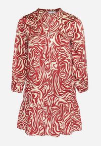 Born2be - Bordowa-Beżowa Sukienka Mini z Falbanką i Abstrakcyjnym Wzorem Ovina. Kolor: czerwony. Długość rękawa: długi rękaw. Długość: mini #2
