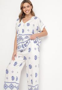 Born2be - Niebiesko-Biały Bawełniany Komplet Koszula i Szerokie Spodnie w Stylu Boho Ollirive. Kolor: niebieski. Materiał: bawełna. Wzór: aplikacja #6