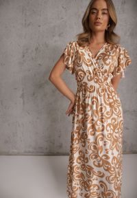 Renee - Brązowa Taliowana Sukienka z Wiskozy z Kopertowym Dekoltem Jynaela. Typ kołnierza: dekolt kopertowy. Kolor: brązowy. Materiał: wiskoza. Wzór: nadruk. Typ sukienki: kopertowe. Styl: boho #1
