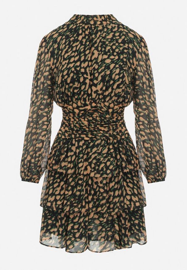 Born2be - Beżowo-Zielona Rozkloszowana Sukienka Mini w Modny Print Ozdobiona Brokatem Ifigentta. Kolor: beżowy. Wzór: nadruk, aplikacja. Długość: mini