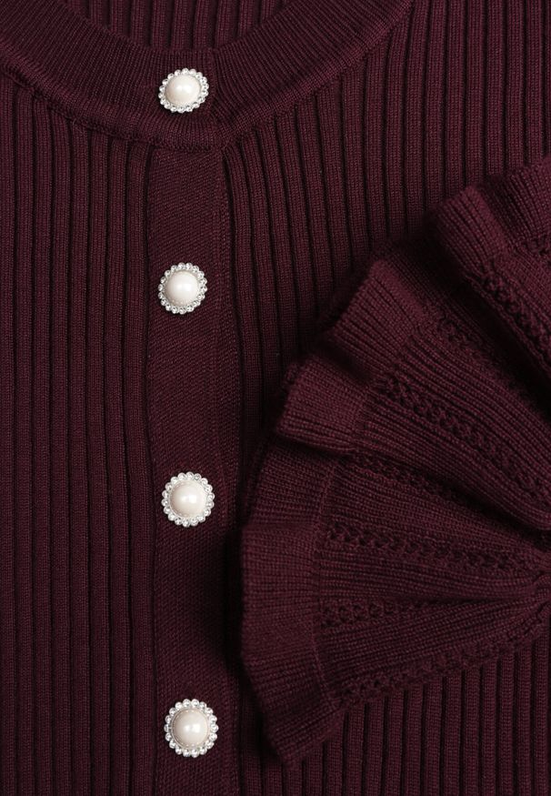 Born2be - Fioletowy Elegancki Kardigan z Wiskozy z Falbankami i Guzikami z Cyrkoniami Orsea. Okazja: na co dzień. Typ kołnierza: kołnierz z falbankami. Kolor: fioletowy. Materiał: wiskoza. Wzór: aplikacja. Styl: elegancki