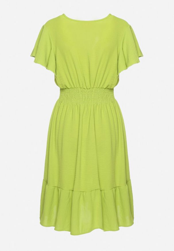 Born2be - Jasnozielona Sukienka Mini z Gumką w Pasie i Falbanką Senait. Kolor: zielony. Długość: mini