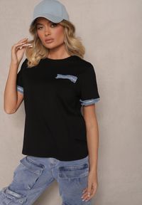 Renee - Czarna Bawełniana Bluzka T-shirt Oversize z Ozdobnym Wykończeniem Mirnil. Okazja: na co dzień. Kolor: czarny. Materiał: bawełna. Długość rękawa: krótki rękaw. Długość: krótkie. Styl: klasyczny, casual