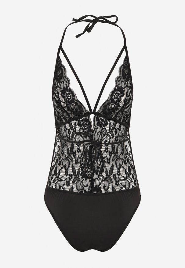 Renee - Czarne Body Halter z Koronki z Odkrytymi Plecami i Wiązaniem na Plecach Malitea. Kolor: czarny. Materiał: koronka. Wzór: koronka