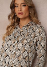Renee - Beżowa Koszula Zdobiona Ornamentalnym Wzorem Ziacahe. Kolor: beżowy. Długość rękawa: długi rękaw. Długość: długie. Wzór: aplikacja