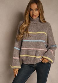 Renee - Beżowy Golf z Wełną w Paski Monallesa. Okazja: na co dzień. Typ kołnierza: golf. Kolor: beżowy. Materiał: wełna. Wzór: paski. Sezon: jesień. Styl: casual #1