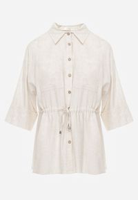 Born2be - Biała Koszula z Bawełną i Lnem Ozdobiona Wycięciami i Ściągana w Pasie Harwinds. Okazja: do pracy, na co dzień. Kolor: biały. Materiał: bawełna, len. Wzór: aplikacja. Styl: klasyczny, casual #8