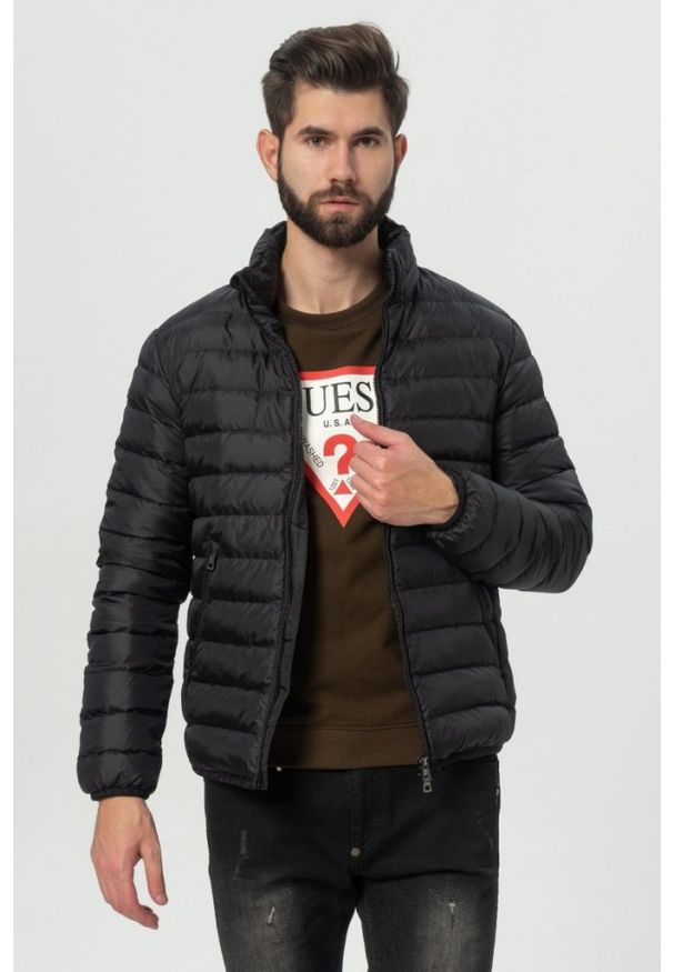 EA7 Emporio Armani - EA7 Puchowa czarna kurtka męska, Rozmiar S. Typ kołnierza: kołnierzyk stójkowy. Kolor: czarny. Materiał: puch. Wzór: aplikacja