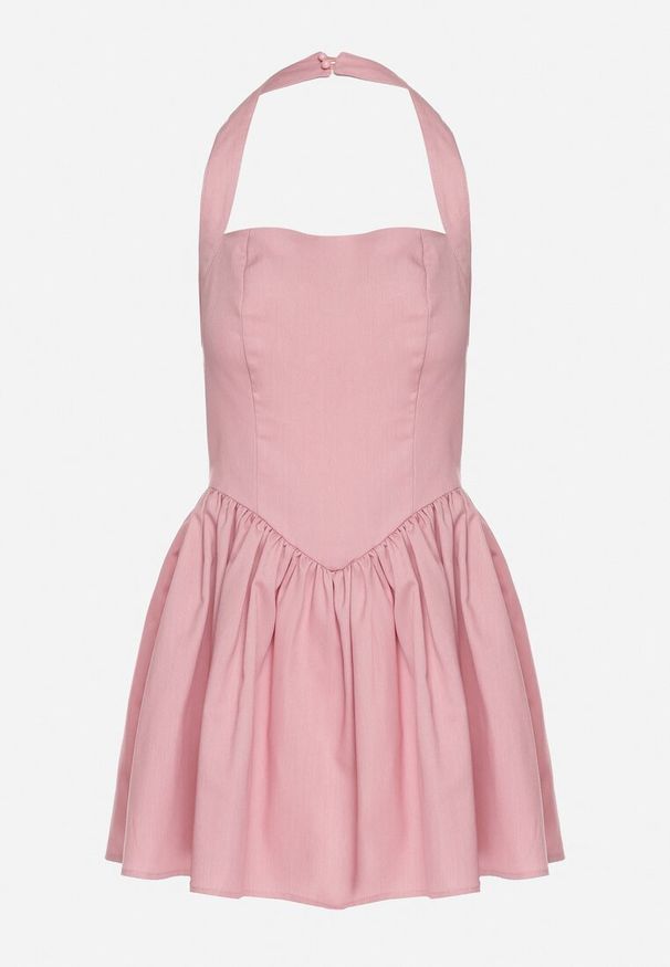 Born2be - Różowa Rozkloszowana Sukienka Vices z Paskiem na Szyję Nelimira. Okazja: na co dzień. Kolor: różowy. Wzór: aplikacja. Styl: casual, elegancki