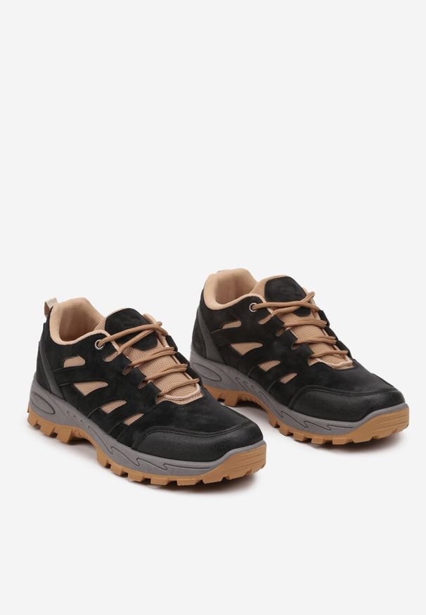 Renee - Czarne Trekkingowe Buty Sportowe Sneakersy z Kontrastowymi Przeszyciami Zailese. Okazja: na co dzień. Kolor: czarny. Materiał: jeans. Obcas: na obcasie. Wysokość obcasa: niski