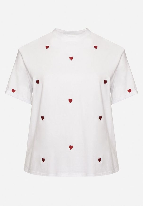 Born2be - Biało-Czerwony Bawełniany T-shirt Zdobiony Haftem w Kształcie Serc Naloree. Okazja: na co dzień. Kolekcja: plus size. Kolor: biały. Materiał: bawełna. Wzór: aplikacja, haft. Styl: klasyczny, elegancki, casual