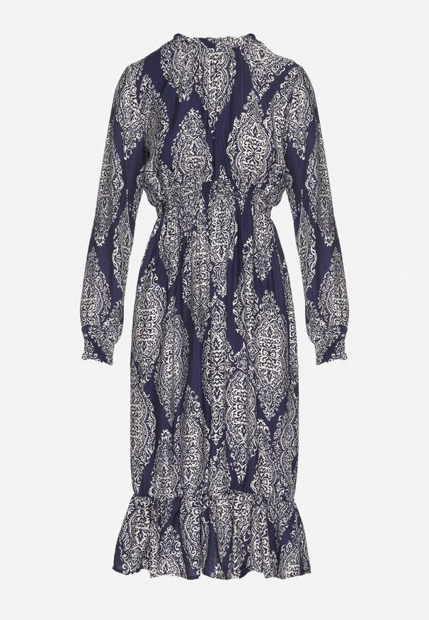 Born2be - Niebieska Sukienka o Rozkloszowanym Kroju z Gumką w Talii w Etniczny Wzór Napisa. Okazja: na co dzień, do pracy. Typ kołnierza: kołnierz z falbankami, kołnierzyk stójkowy. Kolor: niebieski. Materiał: skóra. Długość rękawa: długi rękaw. Wzór: aplikacja. Styl: casual, elegancki