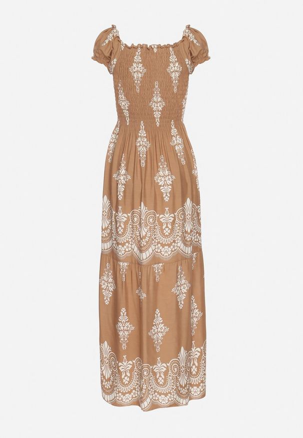 Born2be - Ciemnobeżowa Wiskozowa Sukienka z Marszczoną Góra i Wzorem Boho Ellifae. Okazja: na co dzień. Kolor: beżowy. Materiał: wiskoza. Wzór: aplikacja. Styl: boho