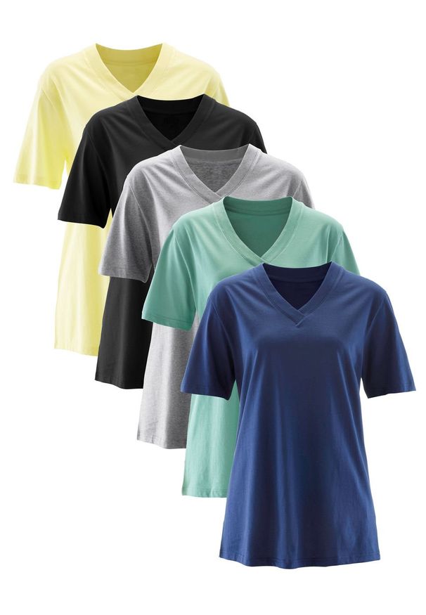 Długi shirt z dekoltem w szpic (5 sztuk), krótki rękaw bonprix jasna limonka + zielony szałwiowy + kobaltowy + jasnoszary melanż + czarny. Kolor: żółty. Długość rękawa: krótki rękaw. Długość: krótkie. Wzór: melanż