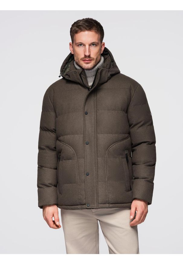 Ombre Clothing - Męska kurtka casualowa puffer z wełną – ciemnooliwkowy melanż V4 - Rozmiar: XL. Okazja: na co dzień. Typ kołnierza: kołnierzyk stójkowy. Kolor: oliwkowy. Materiał: wełna. Długość: długie. Wzór: melanż. Styl: casual