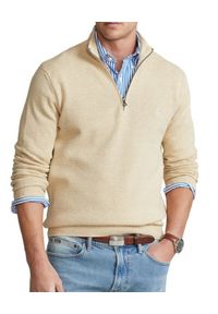 Ralph Lauren - RALPH LAUREN - Beżowa bluza z suwakiem z logo. Typ kołnierza: polo. Kolor: beżowy. Materiał: dzianina, bawełna