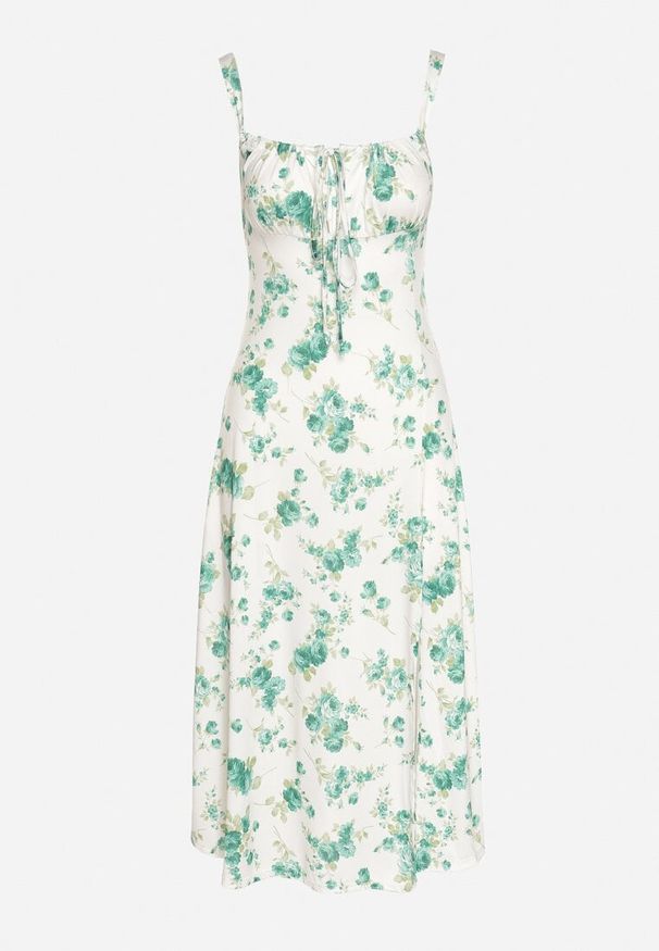 Born2be - Biało-Zielona Taliowana Sukienka w Kwiaty Ozdobiona Wiązaniem Firavire. Okazja: na co dzień. Kolor: zielony. Wzór: kwiaty, aplikacja. Sezon: wiosna, lato. Typ sukienki: sportowe. Styl: casual, sportowy