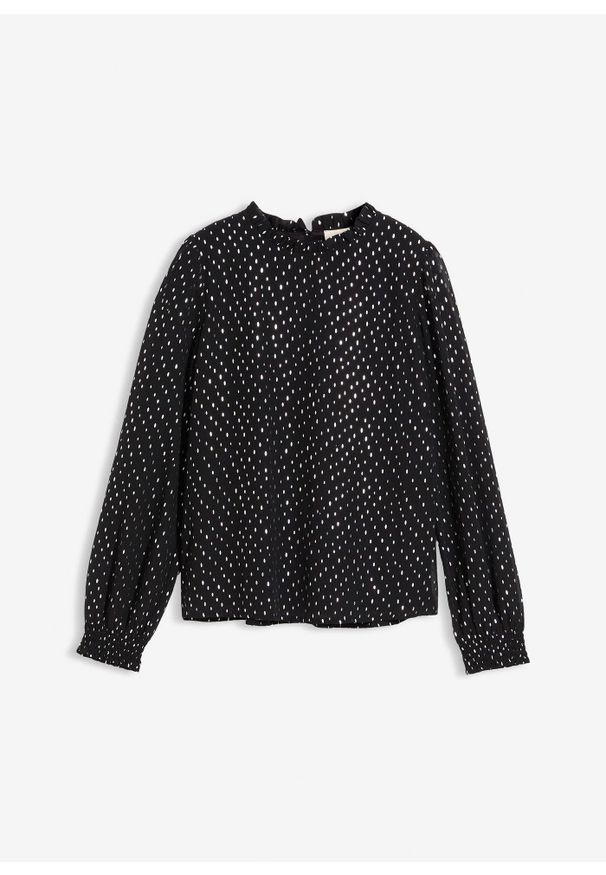 bonprix - Bluzka szyfonowa z marszczoną stójką. Typ kołnierza: kołnierzyk stójkowy. Kolor: czarny. Materiał: szyfon. Styl: elegancki