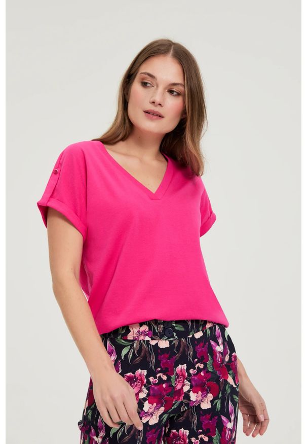 MOODO - T-shirt z bawełny fuksjowy. Materiał: bawełna
