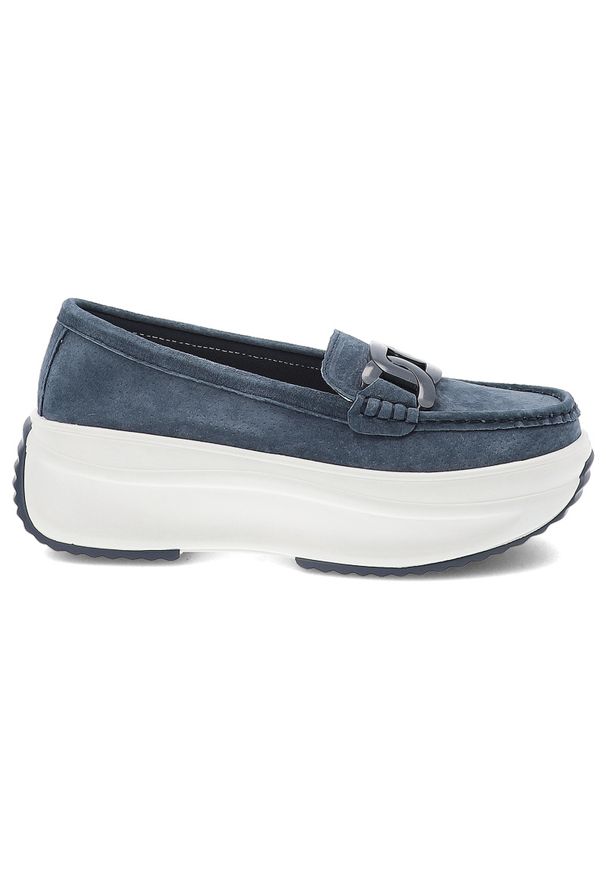 Granatowe Półbuty Filippo Wsuwane Buty Damskie Na Platformie. Okazja: do pracy, na spacer, na co dzień. Zapięcie: bez zapięcia. Kolor: niebieski. Materiał: zamsz, jeans. Obcas: na platformie. Styl: klasyczny, casual, elegancki