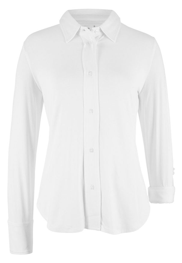 Bluzka shirtowa z plisą guzikową bonprix biały. Kolor: biały. Materiał: elastan, materiał, wiskoza