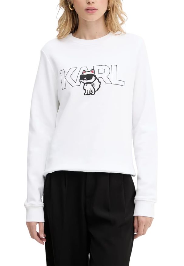 Karl Lagerfeld - KARL LAGERFELD Biała bluza damska Ikon z nadrukiem, Rozmiar XS. Typ kołnierza: dekolt w karo. Kolor: biały. Materiał: bawełna. Wzór: nadruk. Styl: klasyczny
