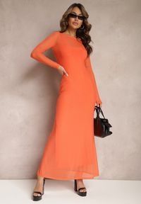 Renee - Pomarańczowa Siateczkowa Sukienka o Taliowanym Kroju z Halką Manemoma. Kolor: pomarańczowy. Długość rękawa: długi rękaw #1