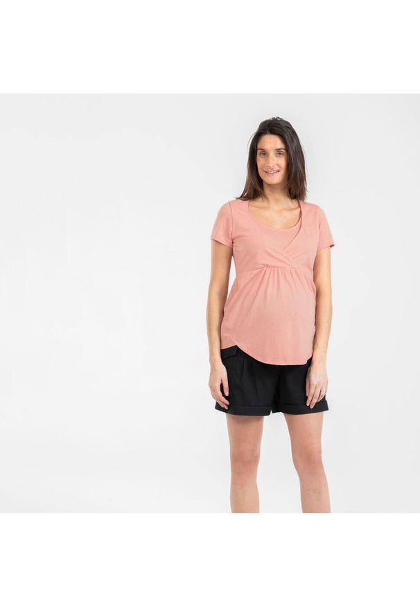 quechua - Koszulka turystyczna damska Quechua Maternite. Kolekcja: moda ciążowa. Kolor: różowy. Materiał: lyocell, żakard, bawełna, poliester, materiał. Wzór: ze splotem