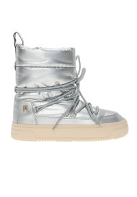 TOMMY HILFIGER - Buty Tommy Hilfiger Lace-Up Metallic Snowboot FW0FW08442-0IN - srebrne. Kolor: srebrny. Materiał: skóra, guma, syntetyk. Szerokość cholewki: normalna. Sezon: zima. Obcas: na platformie