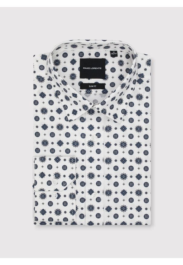 Pako Lorente - Biała koszula w niebieski wzór geometryczny. Kolor: biały, niebieski, wielokolorowy. Materiał: elastan, bawełna. Długość rękawa: długi rękaw. Długość: długie. Wzór: geometria