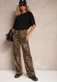 Renee - Beżowe Spodnie Panterkowe z Szerokimi Nogawkami High Waist z Zapięciem z Boku na Suwak Frisalie. Stan: podwyższony. Kolor: beżowy. Materiał: tkanina. Sezon: lato