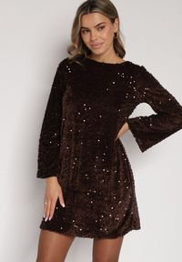 Born2be - Brązowa Cekinowa Sukienka z Odkrytymi Plecami i Wiązaniem Diadina. Kolor: brązowy. Materiał: wiskoza, elastan, futro. Wzór: aplikacja. Styl: wizytowy, elegancki #6