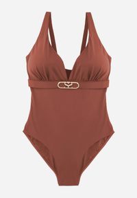 Born2be - Brązowy Elegancki Strój Kąpielowy Jednoczęściowy z Metaliczną Aplikacją Vilinaith. Kolekcja: plus size. Kolor: brązowy. Wzór: aplikacja #3