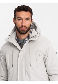 Ombre Clothing - Długa klasyczna męska kurtka typu parka – kremowa V1 - Rozmiar: L. Typ kołnierza: kaptur. Kolor: kremowy. Materiał: guma, syntetyk, poliester, materiał. Długość: długie. Wzór: gładki, aplikacja. Styl: klasyczny #3