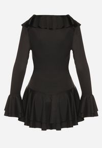 Born2be - Czarna Taliowana Sukienka Zdobiona Falbankami Tiraneda. Okazja: na imprezę. Typ kołnierza: kołnierz z falbankami. Kolor: czarny. Wzór: aplikacja. Typ sukienki: proste. Styl: elegancki #7