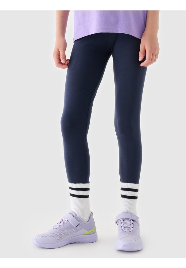 4f - 4F Legginsy dzianinowe dziewczęce - granatowe 152 (11-12 lat). Okazja: na co dzień. Stan: podwyższony. Kolor: niebieski. Materiał: dzianina. Wzór: jednolity, gładki, ze splotem. Sezon: lato. Styl: casual, sportowy