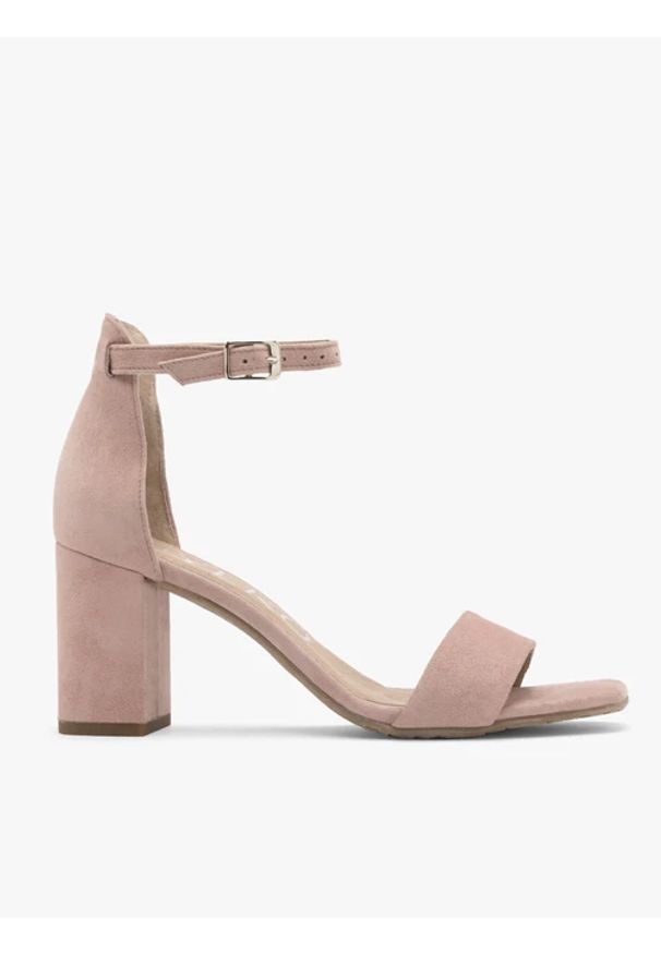 Ryłko - Pudrowo-różowe sandały na obcasie. Kolor: różowy. Materiał: skóra, welur. Obcas: na obcasie. Styl: street. Wysokość obcasa: średni