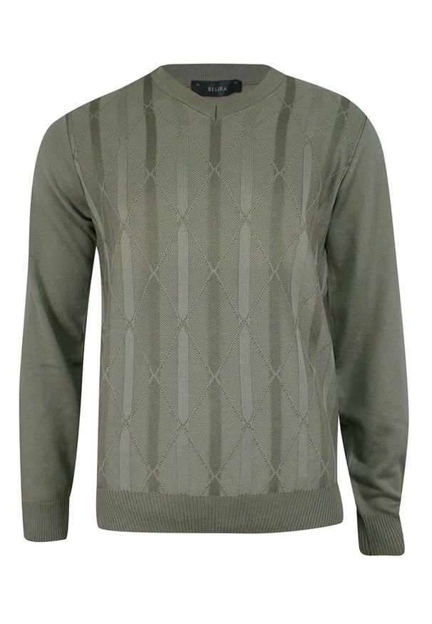 Belika - Sweter Zielony, Oliwkowy w Serek, w Paski, Dekolt V-neck, Elegancki -BELIKA- Męski. Typ kołnierza: dekolt w serek. Kolor: zielony, wielokolorowy, oliwkowy. Materiał: akryl, bawełna. Wzór: paski. Sezon: jesień, zima. Styl: elegancki