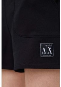 Armani Exchange szorty bawełniane damskie kolor czarny z aplikacją high waist. Stan: podwyższony. Kolor: czarny. Materiał: bawełna. Wzór: aplikacja