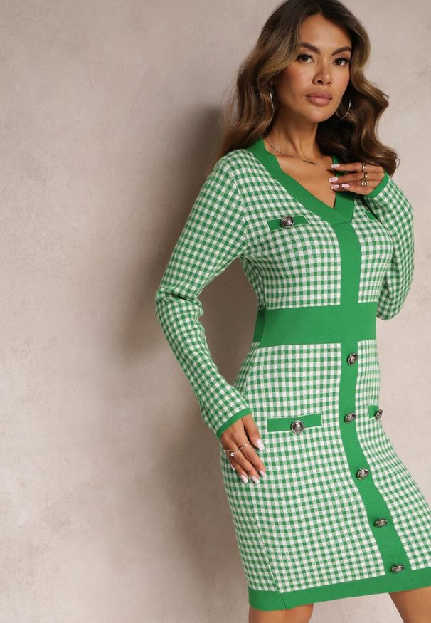Renee - Zielono-Biała Dzianinowa Sukienka Mini w Kratę Zelibra. Kolor: zielony. Materiał: dzianina. Wzór: aplikacja. Styl: elegancki. Długość: mini