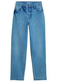 bonprix - Dżinsy ze stretchem w wygodnym fasonie loose fit ze zwężanymi nogawkami i regulowanym paskiem. Kolor: niebieski