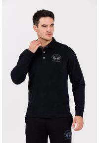 La Martina - LA MARTINA Czarny męski longsleeve polo HEAVY JERSEY, Rozmiar L. Typ kołnierza: polo. Kolor: czarny. Materiał: jersey. Długość rękawa: długi rękaw. Długość: długie. Styl: klasyczny