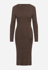 Born2be - Brązowa Dopasowana Sukienka z Wiskozą z Prążkowanego Materiału Ściągana Troczkiem Eleavia. Okazja: na co dzień. Kolor: brązowy. Materiał: prążkowany, wiskoza, materiał. Wzór: aplikacja. Styl: casual #7