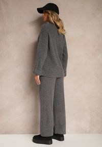Renee - Ciemnoszary Komplet z Wełną i Bawełną Spodnie o Szerokim Kroju Sweter z Guzikami i Rozcięciem Sialwen. Kolor: szary. Materiał: wełna, bawełna